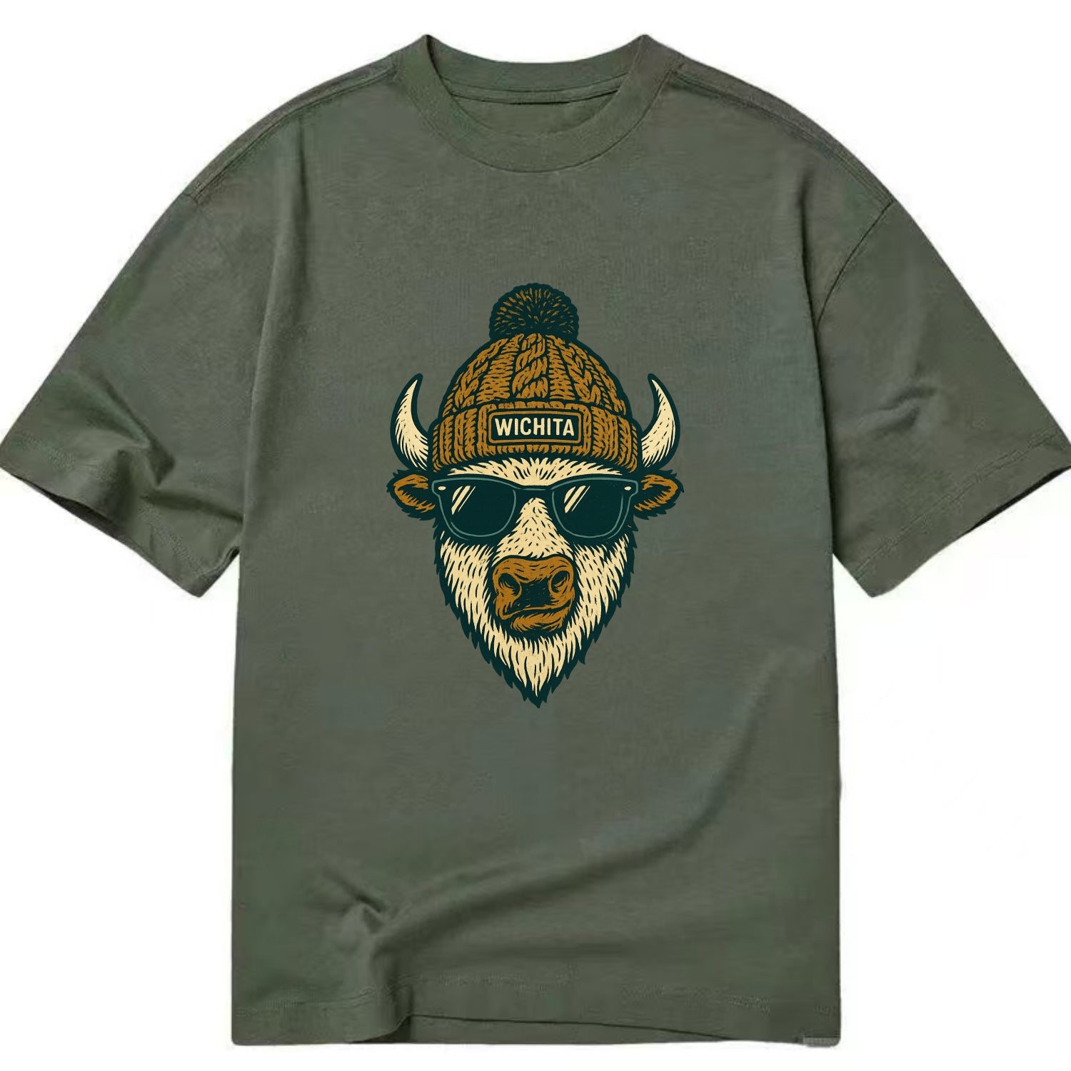 Kansas American Bison wearing Wichita beanie with pom pom and wayfarer sunglasses - Classic T-shirt - Army Green