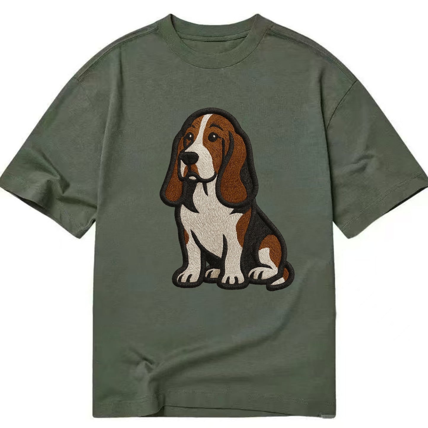 Basset Hound - Tri-color embroidered sit Classic T-shirt - Army Green