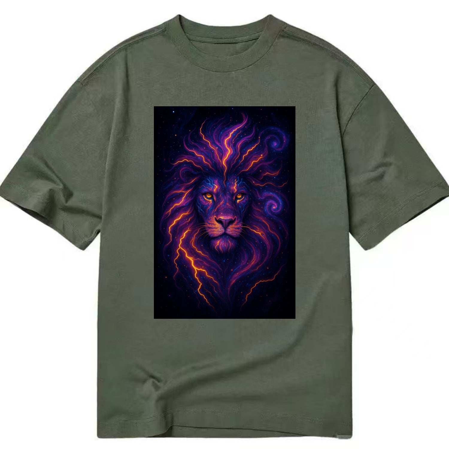 Regal lion with mane made of electric currents, neon yellow and hot pink energy - Classic T-shirt - Army Green