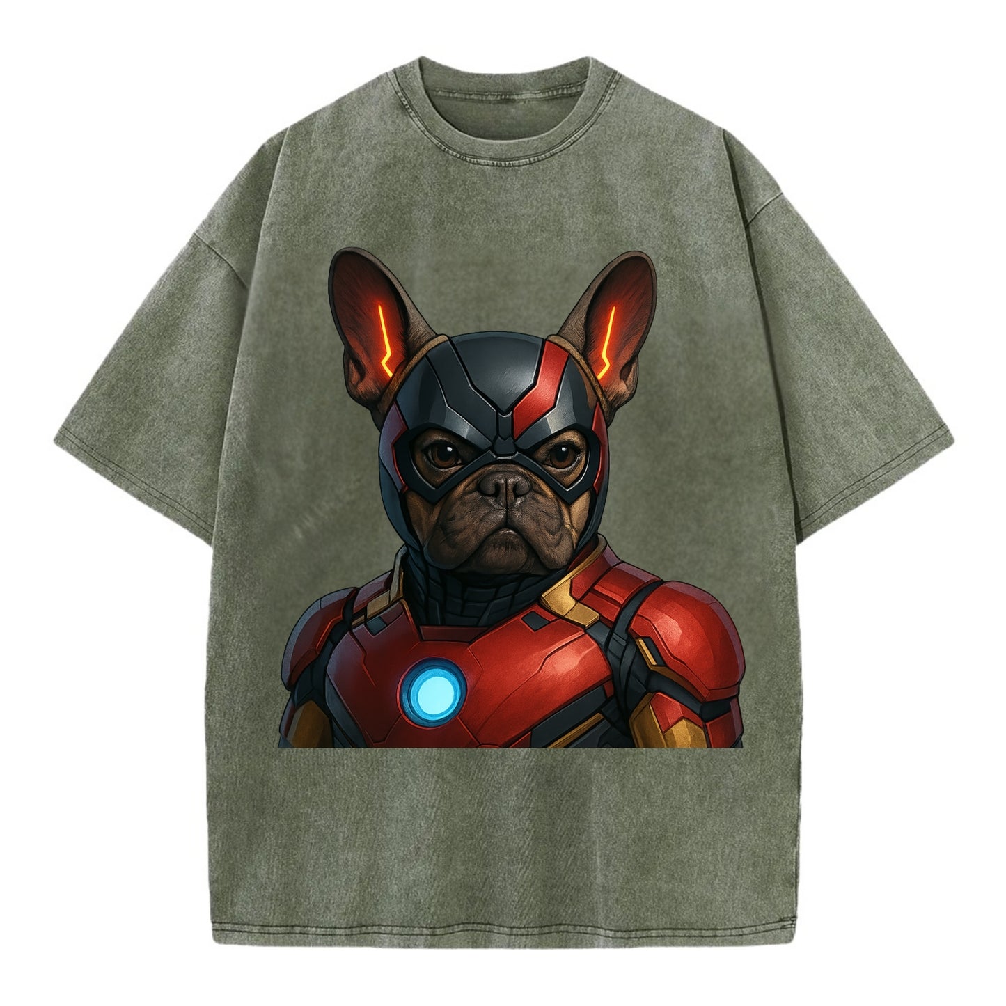 French Bulldog Iron Man  - Vintage T-shirt - Army Green