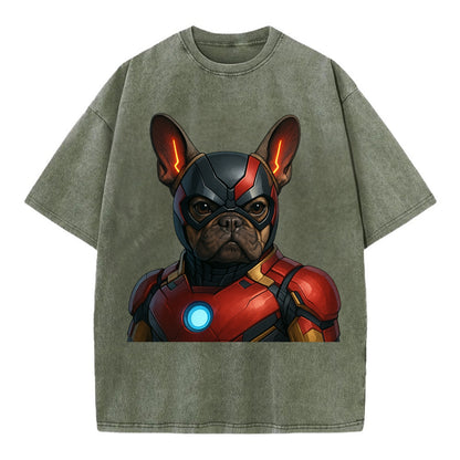 French Bulldog Iron Man  - Vintage T-shirt - Army Green