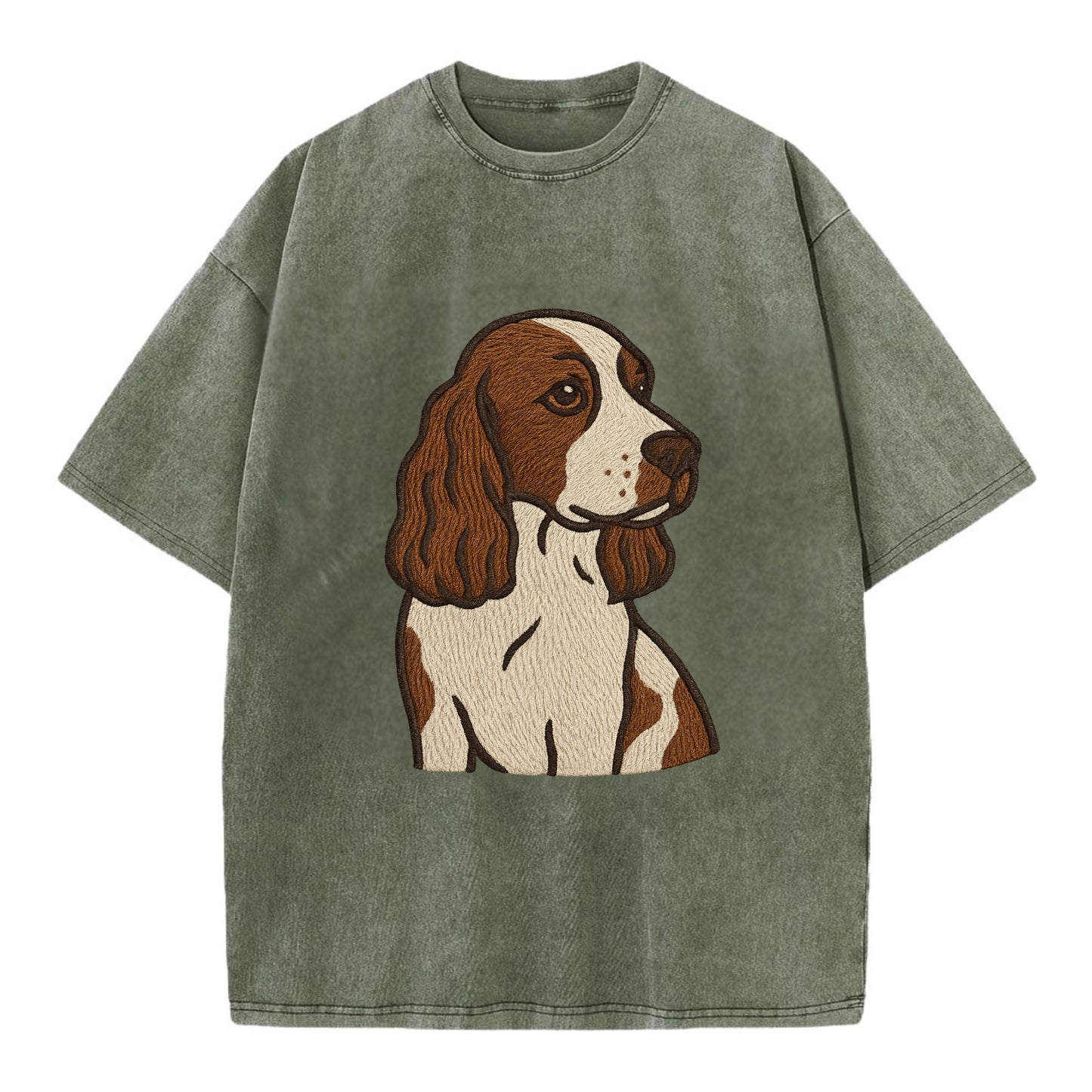 English Cocker Spaniel - Liver and white embroidered design - Vintage T-shirt - Army Green