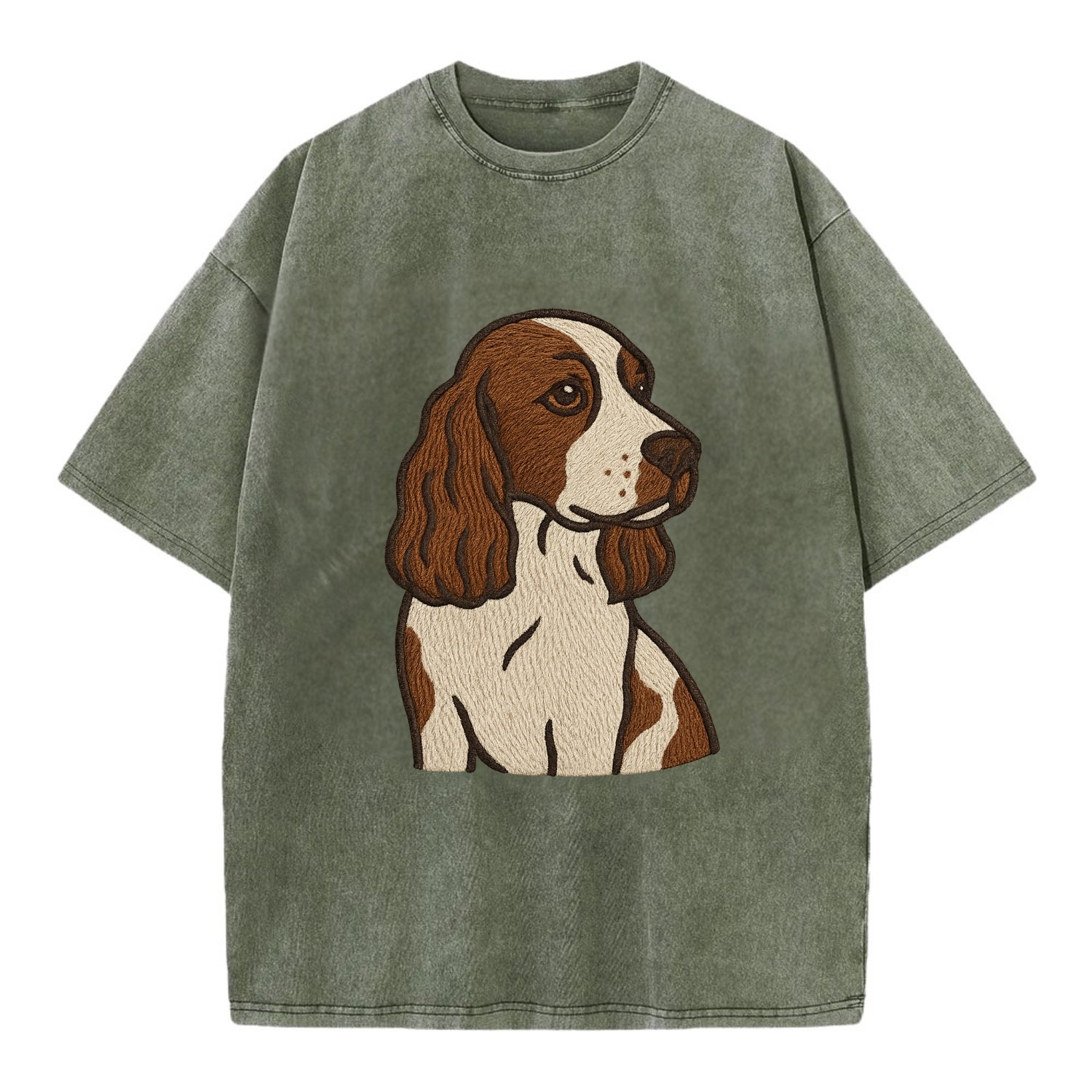 English Cocker Spaniel - Liver and white embroidered design - Vintage T-shirt - Army Green