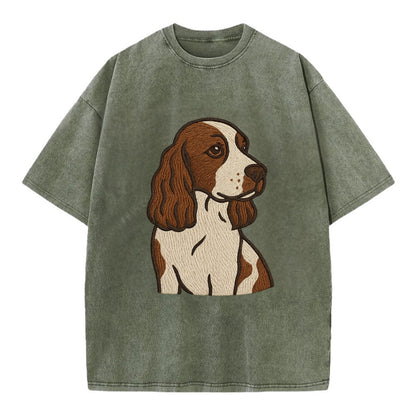 English Cocker Spaniel - Liver and white embroidered design - Vintage T-shirt - Army Green