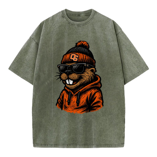 Corvallis Beaver wearing Oregon State beanie with OS patch - Vintage T-shirt