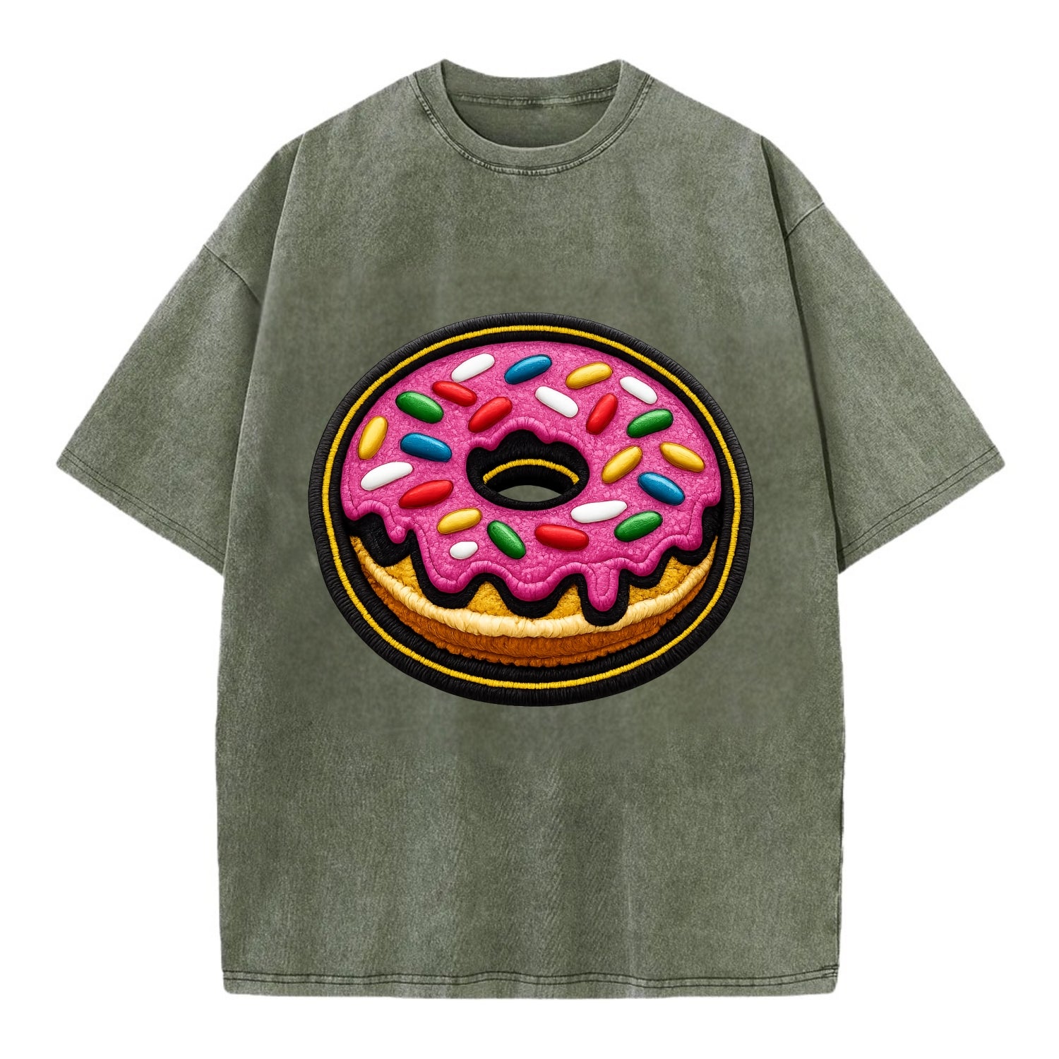 DONUT SPRINKLES - glazed donut with sprinkles in pink and rainbow , sweet treat - Vintage T-shirt - Army Green