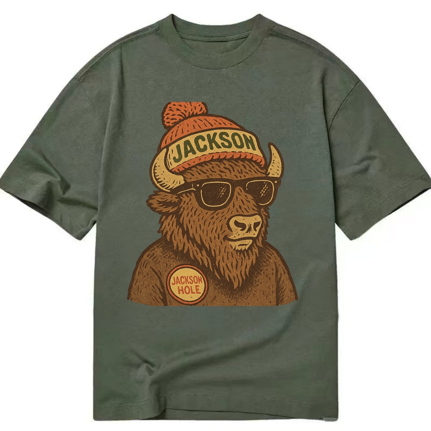 Jackson Hole Bison wearing Jackson beanie with pom pom and wayfarer sunglasses - Classic T-shirt - Army Green