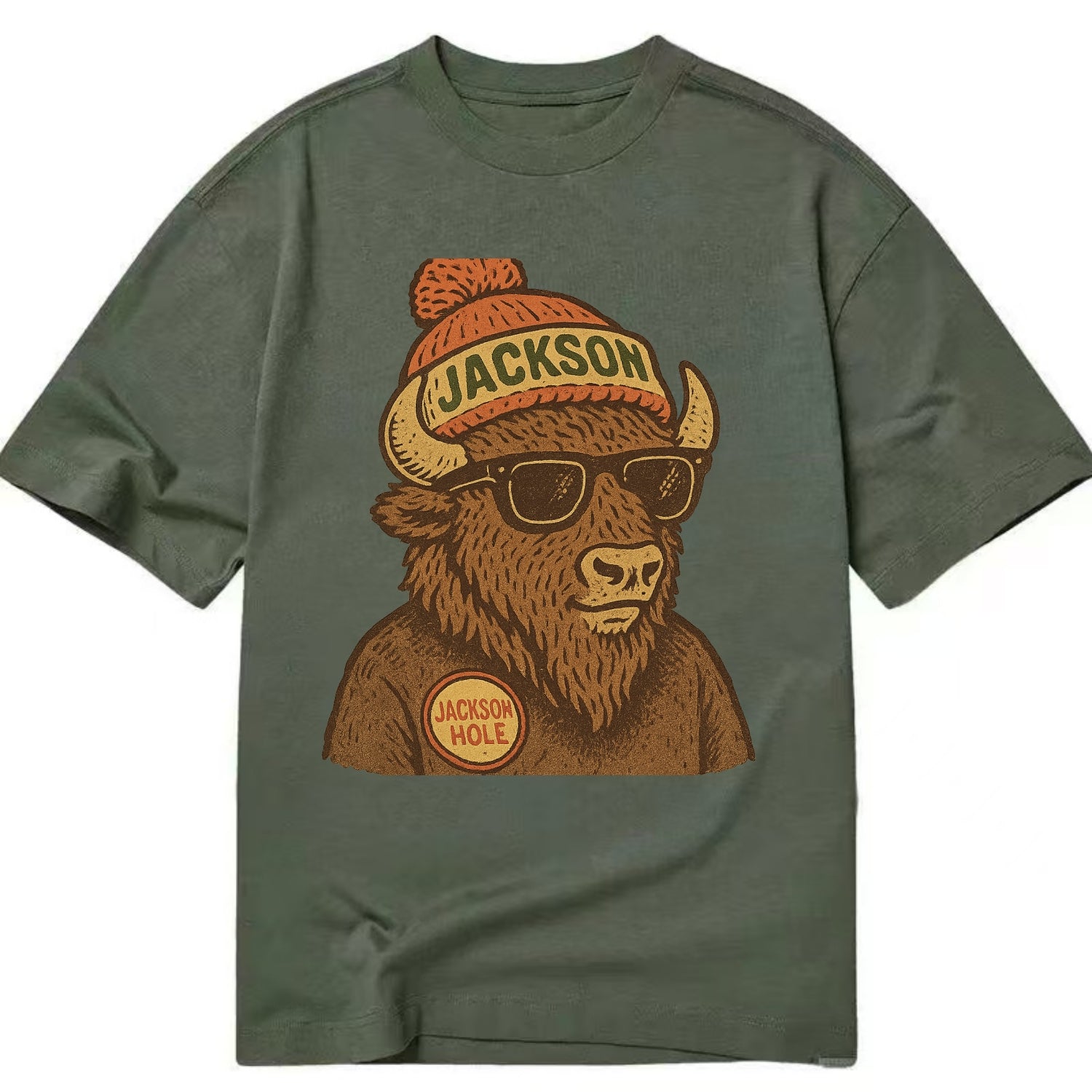 Jackson Hole Bison wearing Jackson beanie with pom pom and wayfarer sunglasses - Classic T-shirt - Army Green