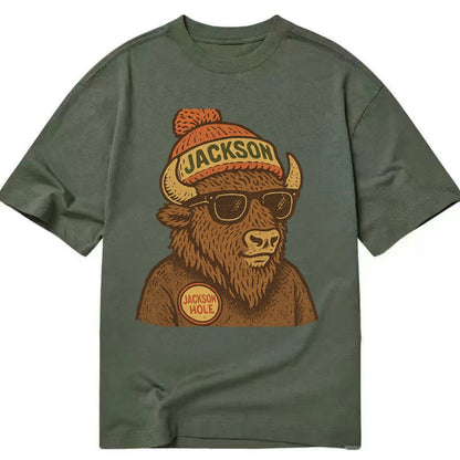 Jackson Hole Bison wearing Jackson beanie with pom pom and wayfarer sunglasses - Classic T-shirt - Army Green