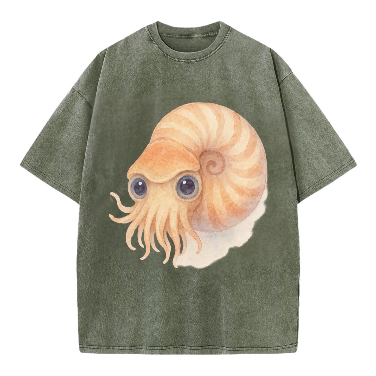 Baby Nautilus - spiral shell, tentacles peeking, ancient eyes, front-facing, - Vintage T-shirt - Army Green