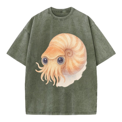Baby Nautilus - spiral shell, tentacles peeking, ancient eyes, front-facing, - Vintage T-shirt - Army Green