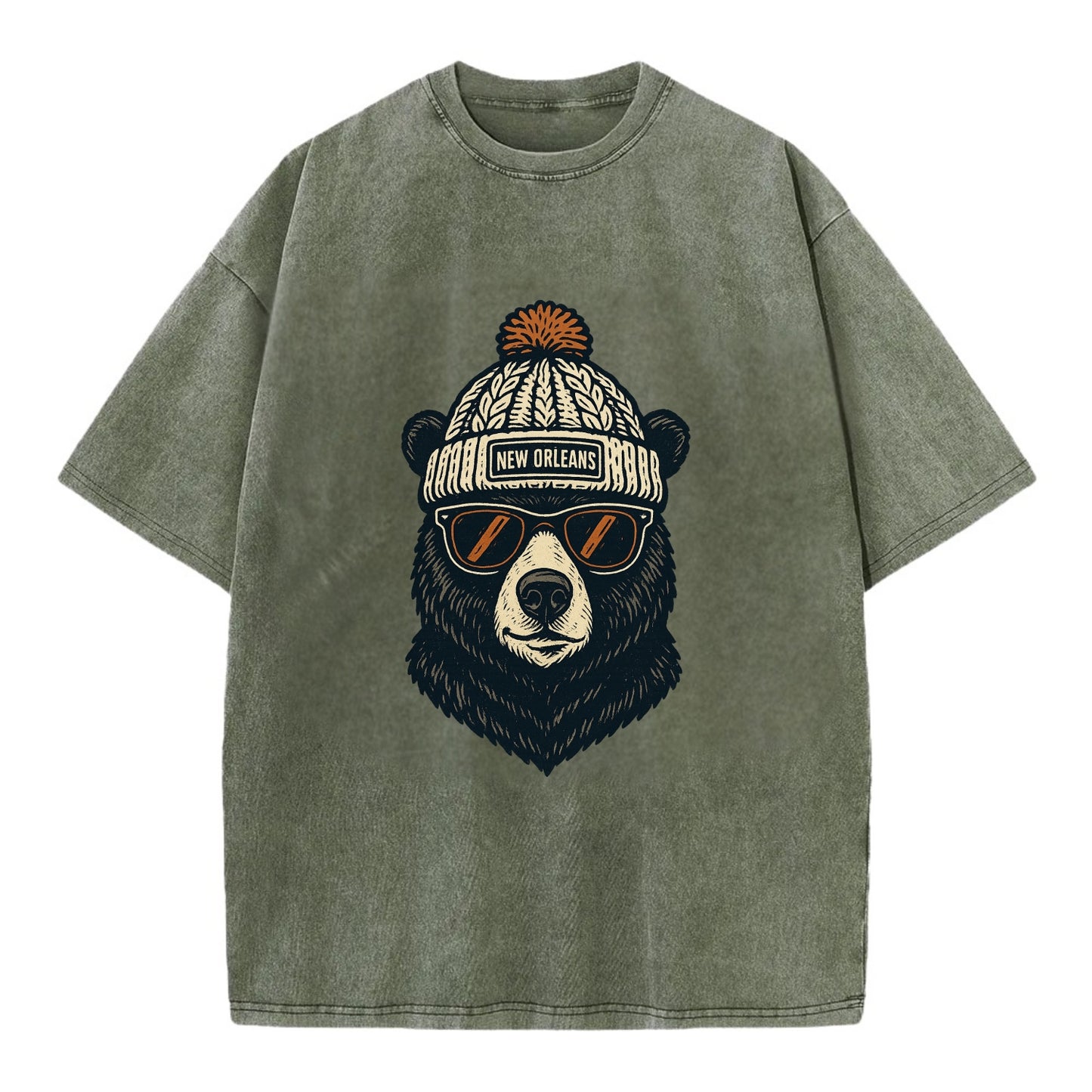 Louisiana Black Bear wearing New Orleans beanie with pom pom and wayfarer - Vintage T-shirt - Army Green