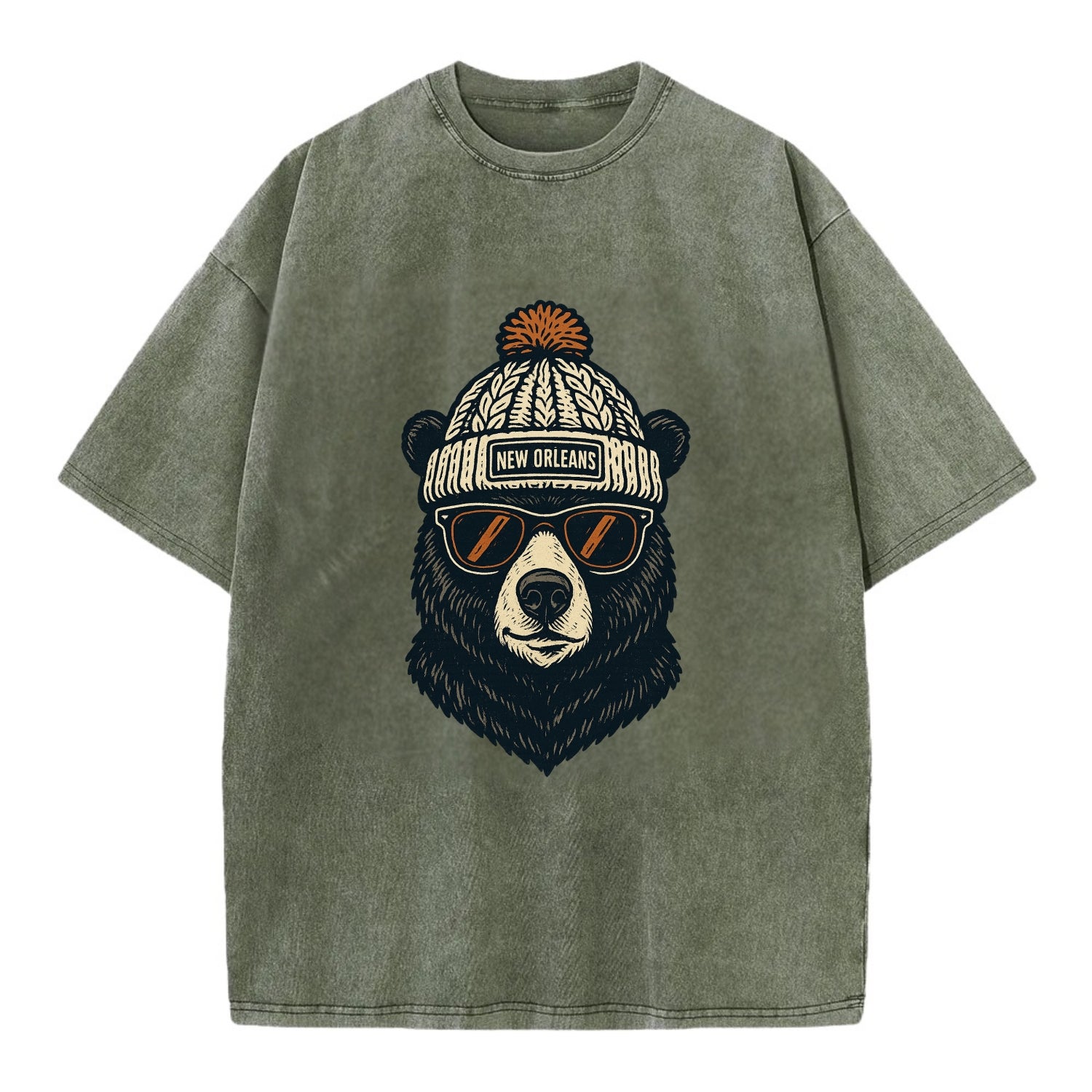 Louisiana Black Bear wearing New Orleans beanie with pom pom and wayfarer - Vintage T-shirt - Army Green