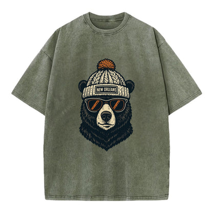 Louisiana Black Bear wearing New Orleans beanie with pom pom and wayfarer - Vintage T-shirt - Army Green