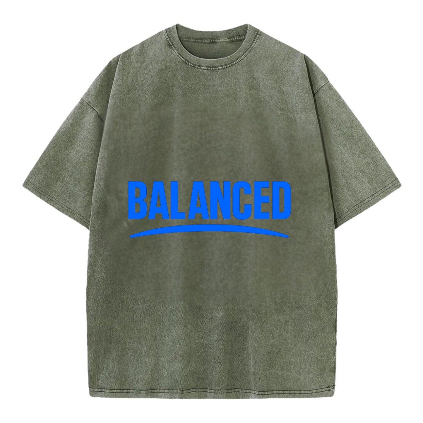 Bold typography design - "BALANCED" - harmony, equilibrium, centered life - Vintage T-shirt - Army Green