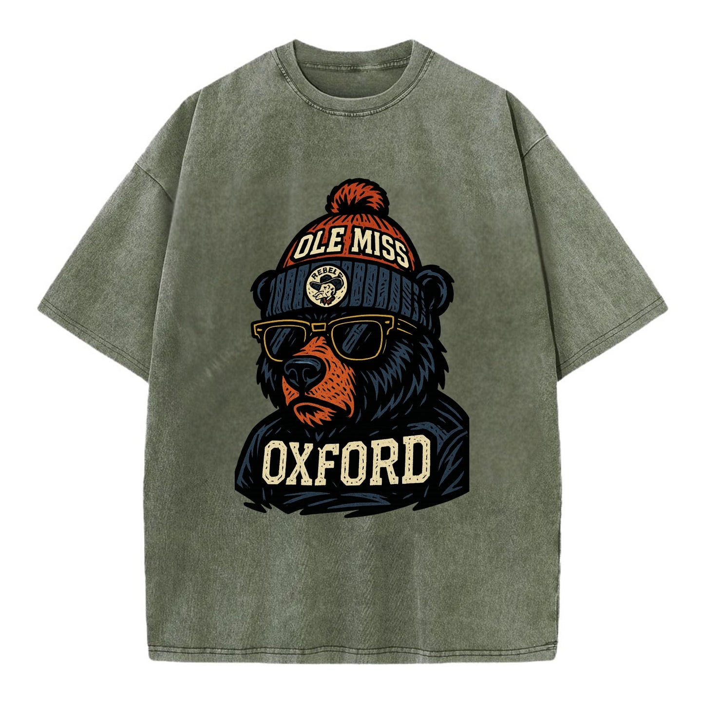 Oxford Black Bear wearing Ole Miss beanie with rebel patch - Vintage T-shirt - Army Green