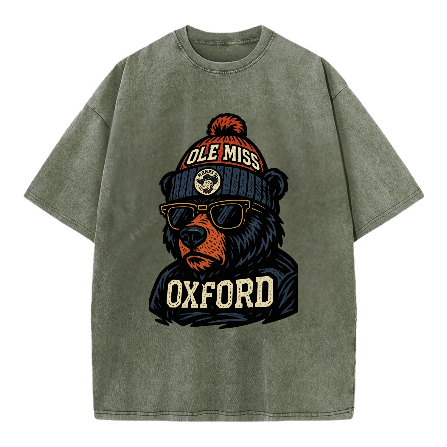 Oxford Black Bear wearing Ole Miss beanie with rebel patch - Vintage T-shirt - Army Green
