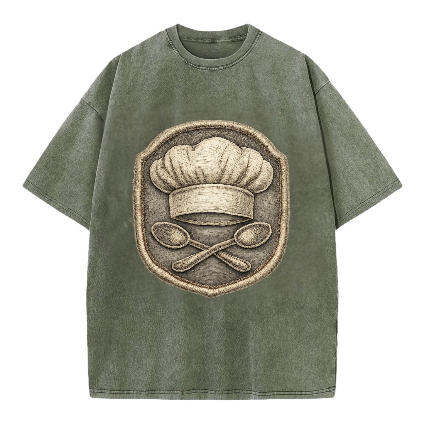Embroidered patch design - COOKING CHEF HAT - toque blanche with crossed spoons - Vintage T-shirt - Army Green