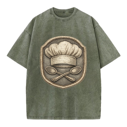 Embroidered patch design - COOKING CHEF HAT - toque blanche with crossed spoons - Vintage T-shirt - Army Green