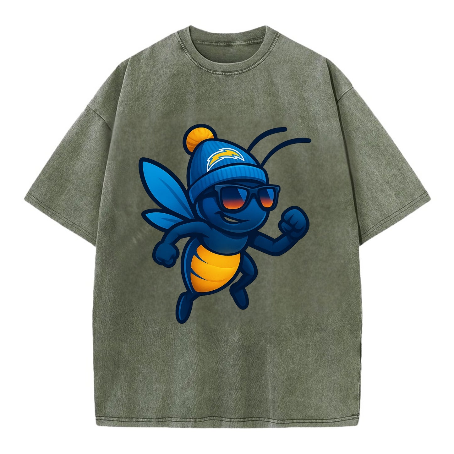 LA Lightning Bug wearing Chargers powder blue and gold beanie with pom pom and - Vintage T-shirt - Army Green
