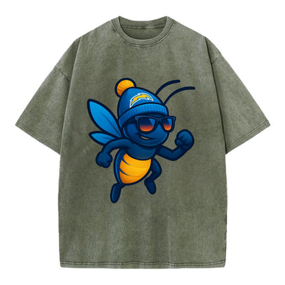 LA Lightning Bug wearing Chargers powder blue and gold beanie with pom pom and - Vintage T-shirt - Army Green