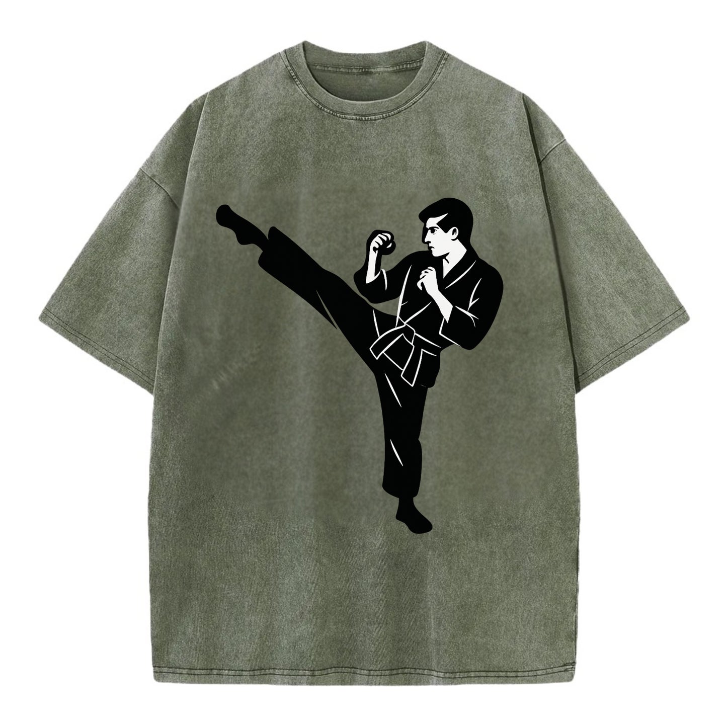 Martial artist performing a high kick - Vintage T-shirt - Army Green