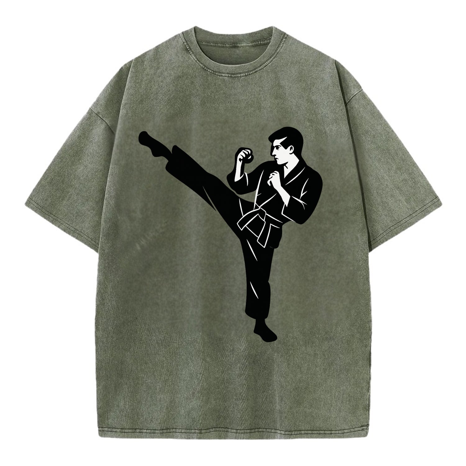 Martial artist performing a high kick - Vintage T-shirt - Army Green