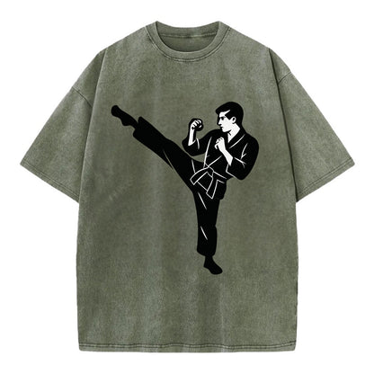 Martial artist performing a high kick - Vintage T-shirt - Army Green