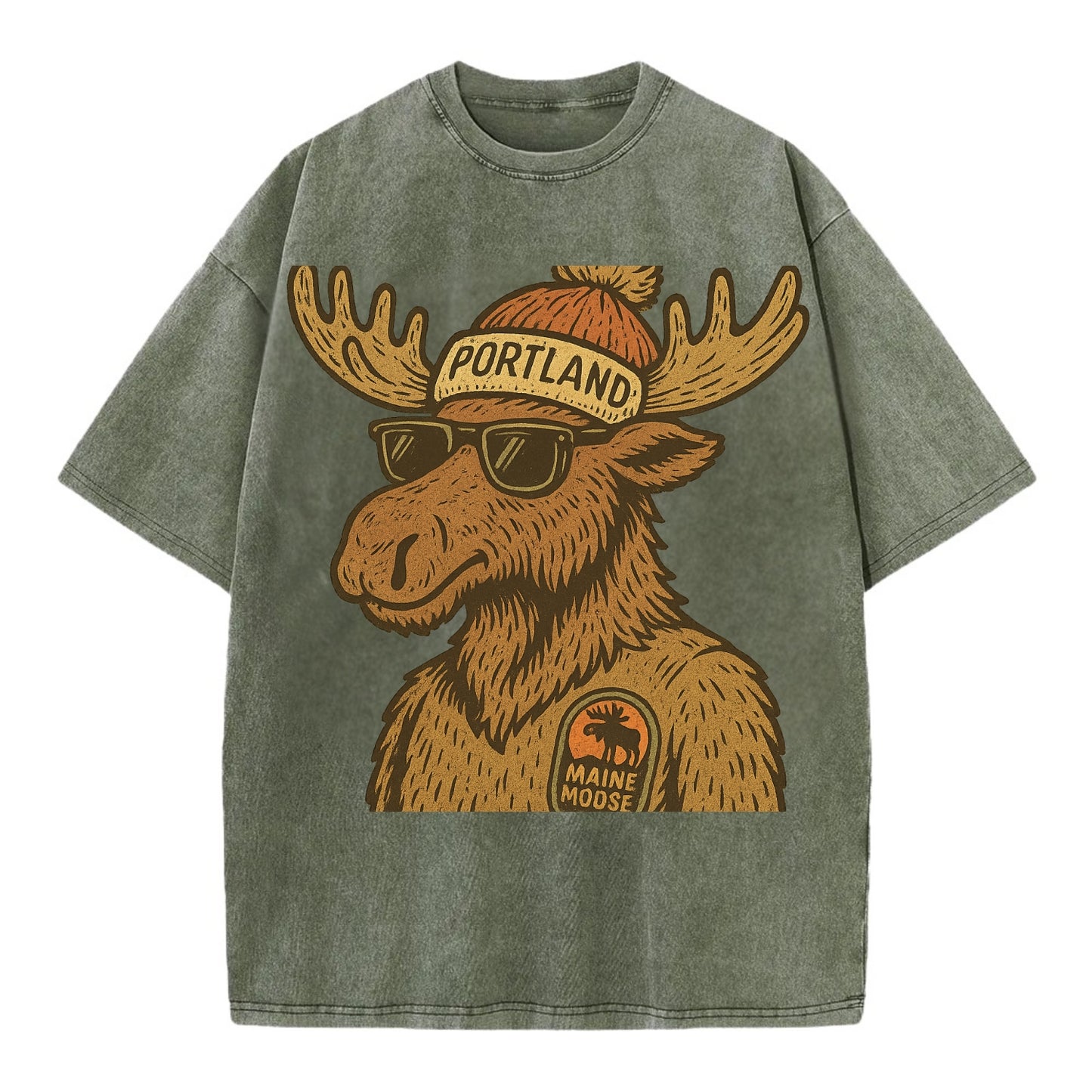 Maine Moose wearing Portland beanie with pom pom and wayfarer sunglasses - Vintage T-shirt - Army Green