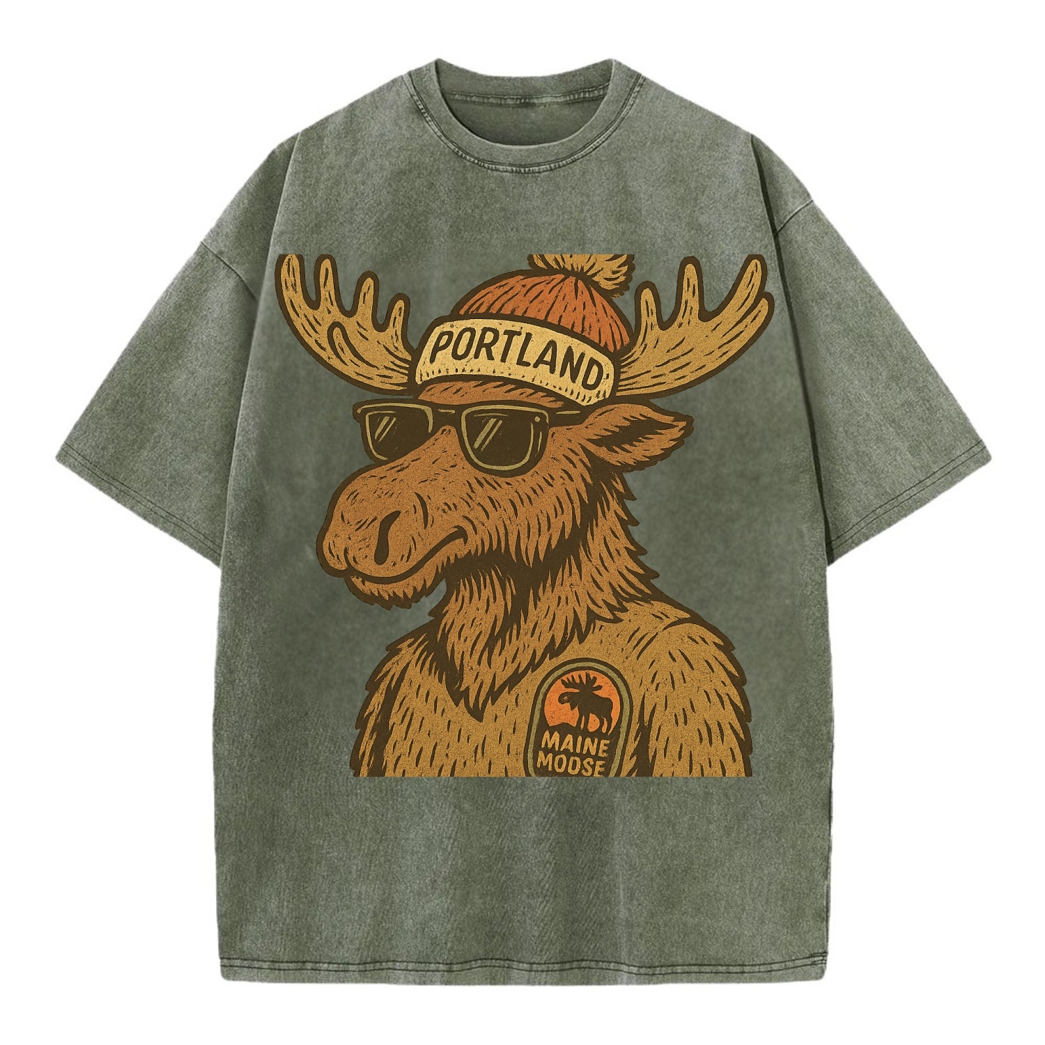 Maine Moose wearing Portland beanie with pom pom and wayfarer sunglasses - Vintage T-shirt - Army Green