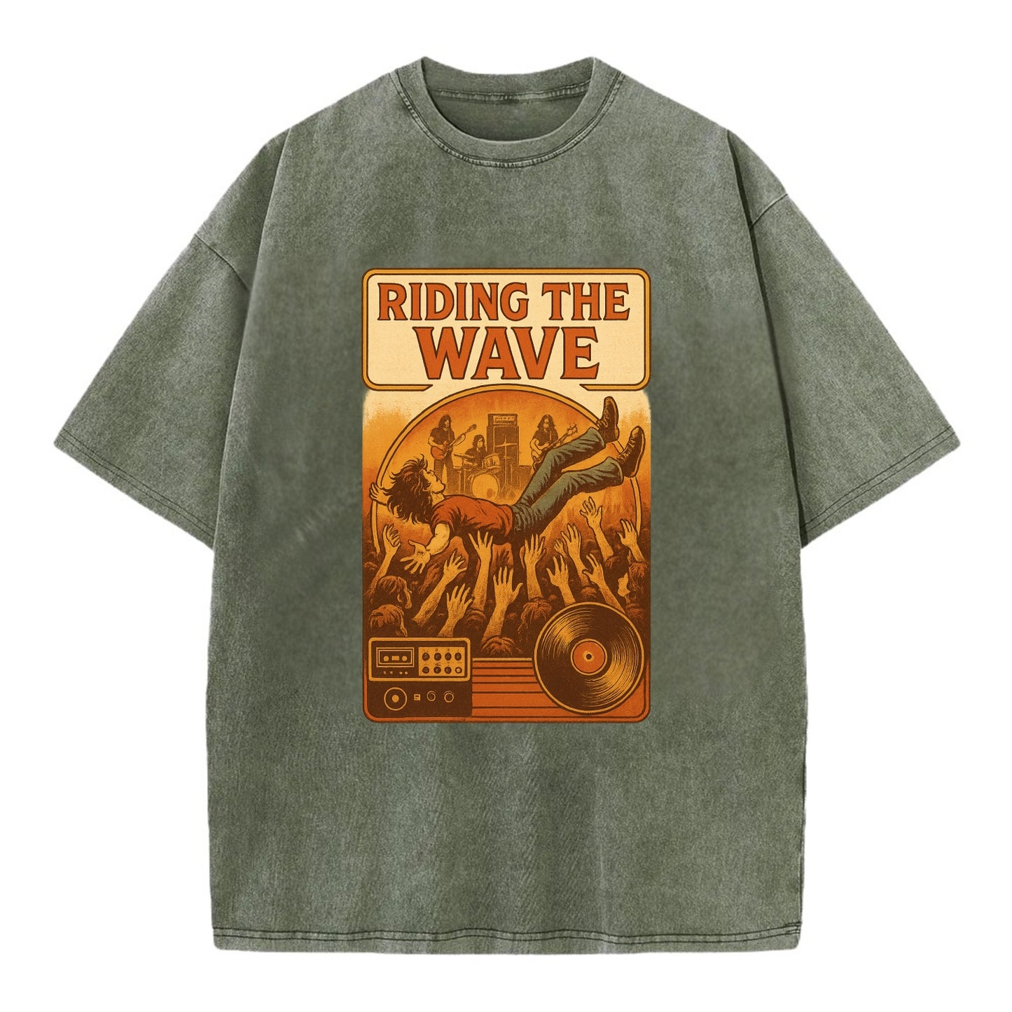 Crowd surfing at packed concert - "Riding the Wave" - concert energy - Vintage T-shirt - Army Green
