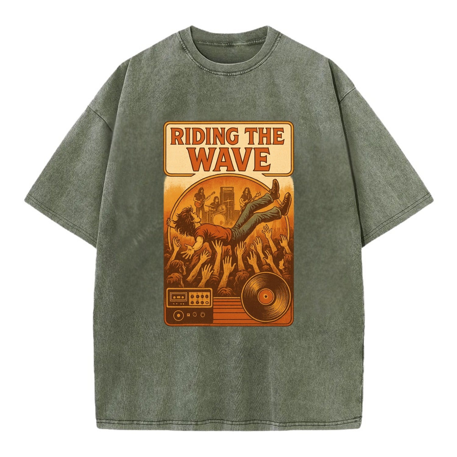 Crowd surfing at packed concert - "Riding the Wave" - concert energy - Vintage T-shirt - Army Green