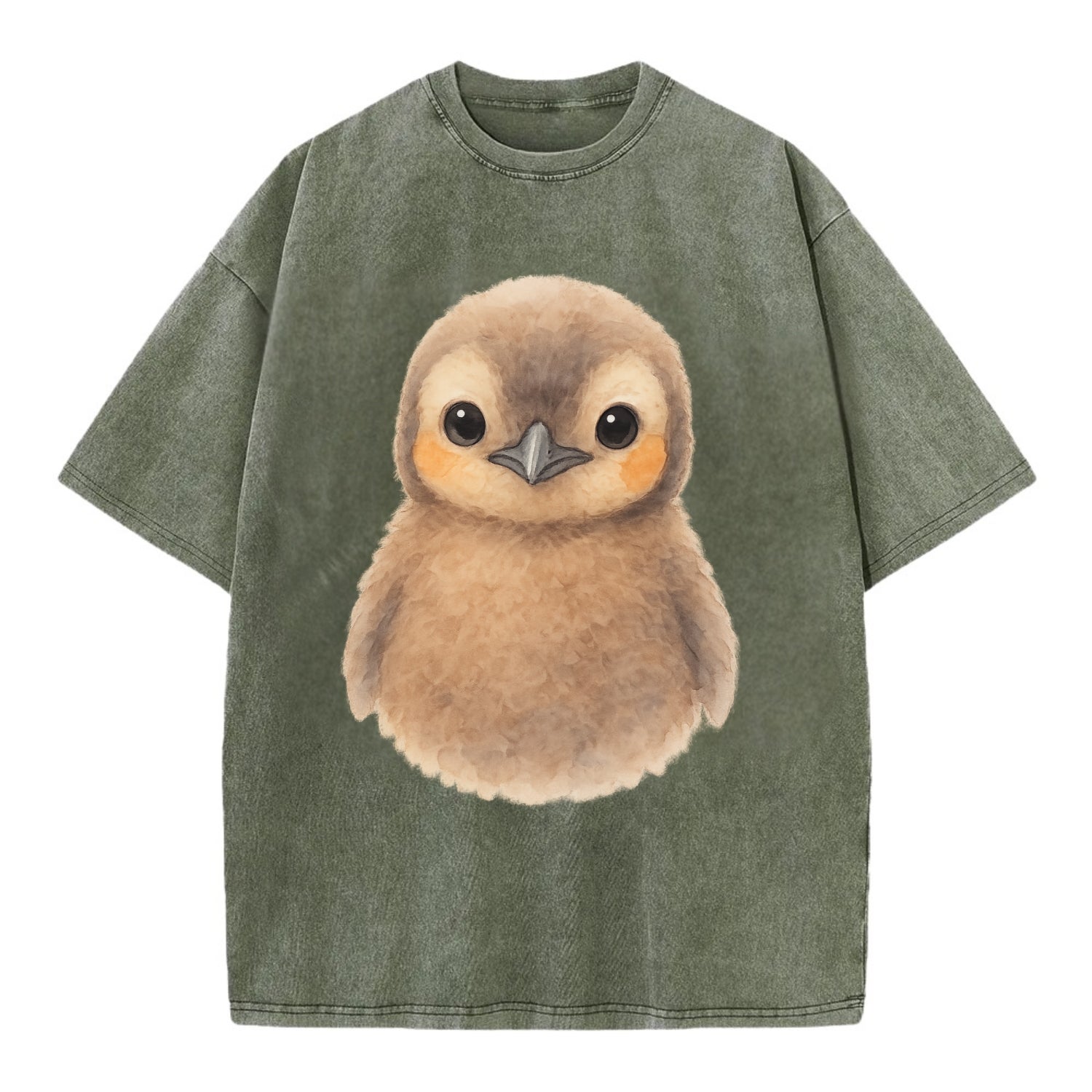 Baby King Penguin - orange cheek patches, fluffy brown, large eyes, front-facing, - Vintage T-shirt - Army Green