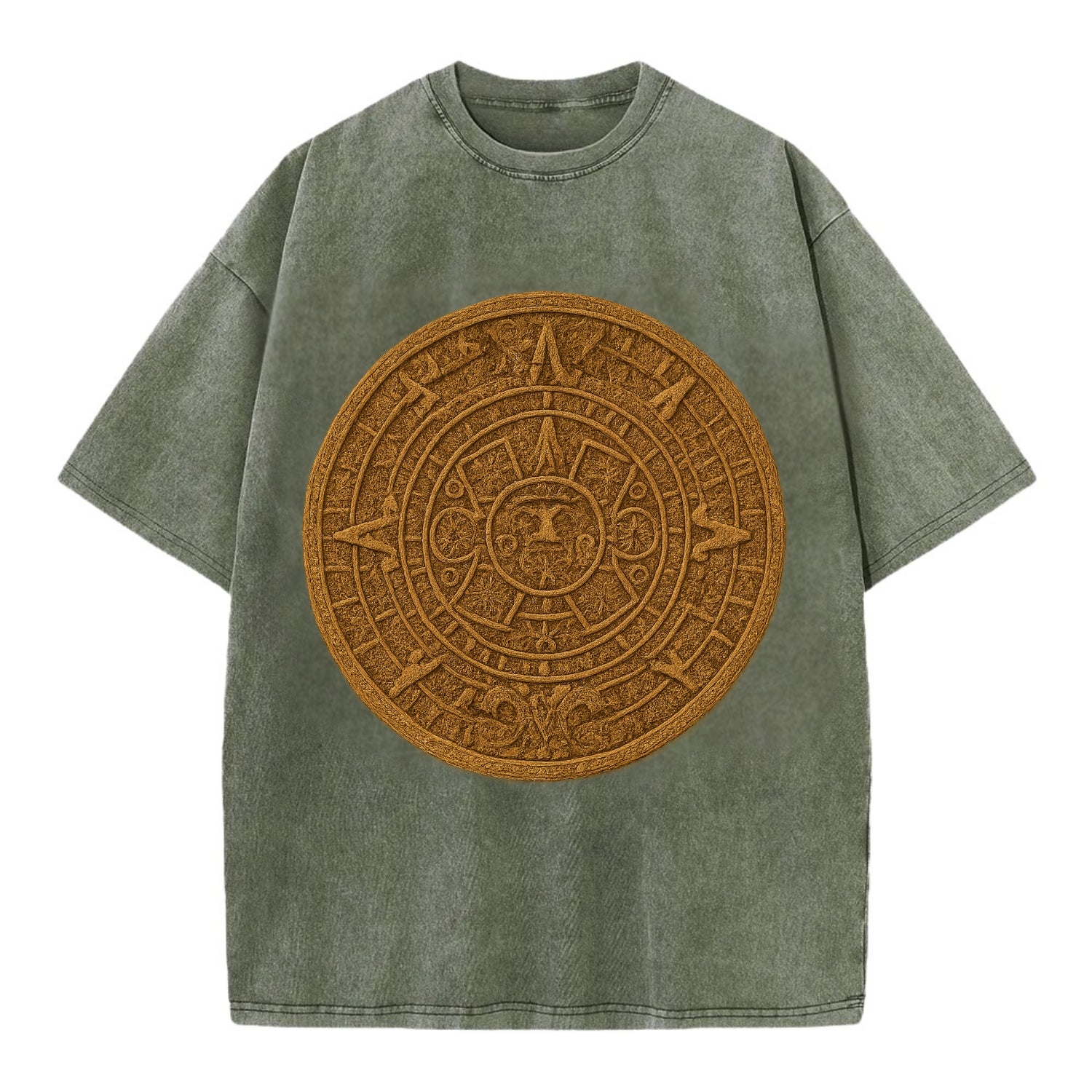Aztec Calendar  - Vintage T-shirt - Army Green