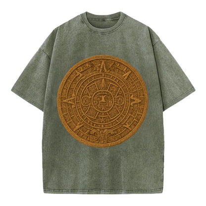 Aztec Calendar  - Vintage T-shirt - Army Green