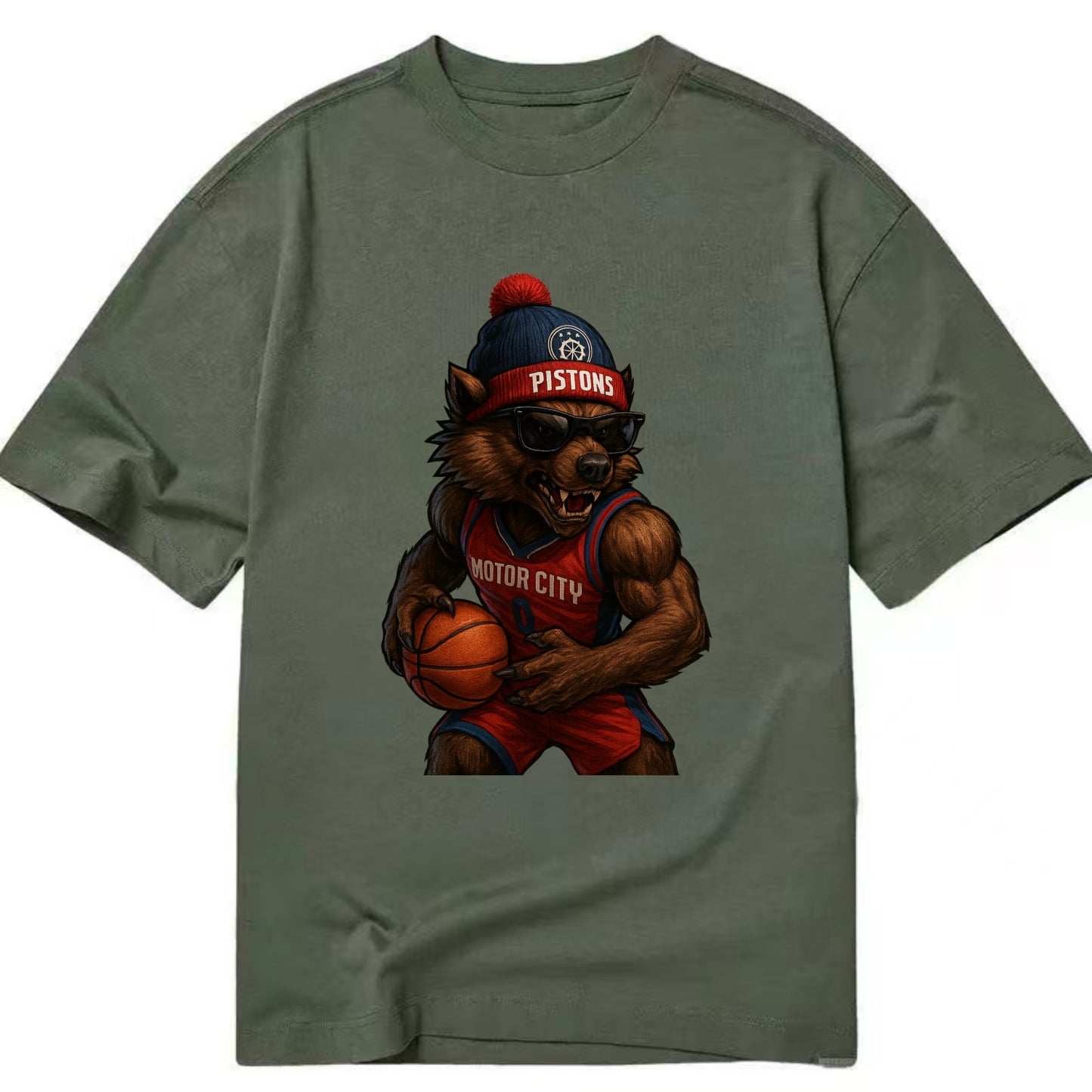 Motor City Wolverine wearing Pistons beanie with gear patch and wayfarer - Classic T-shirt - Army Green