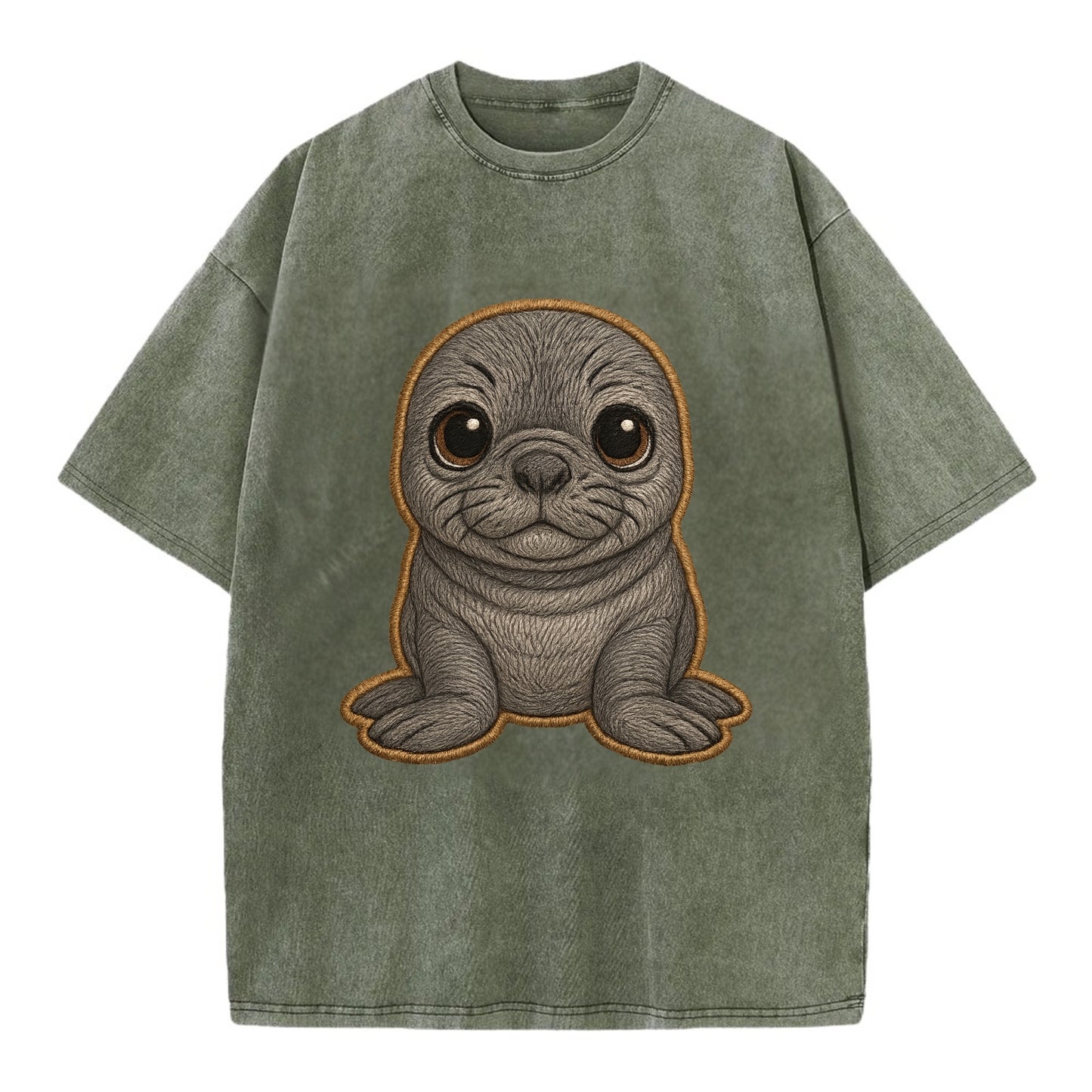 Baby Elephant Seal - gray wrinkly, tiny trunk nose, big dark eyes, front-facing, - Vintage T-shirt - Army Green