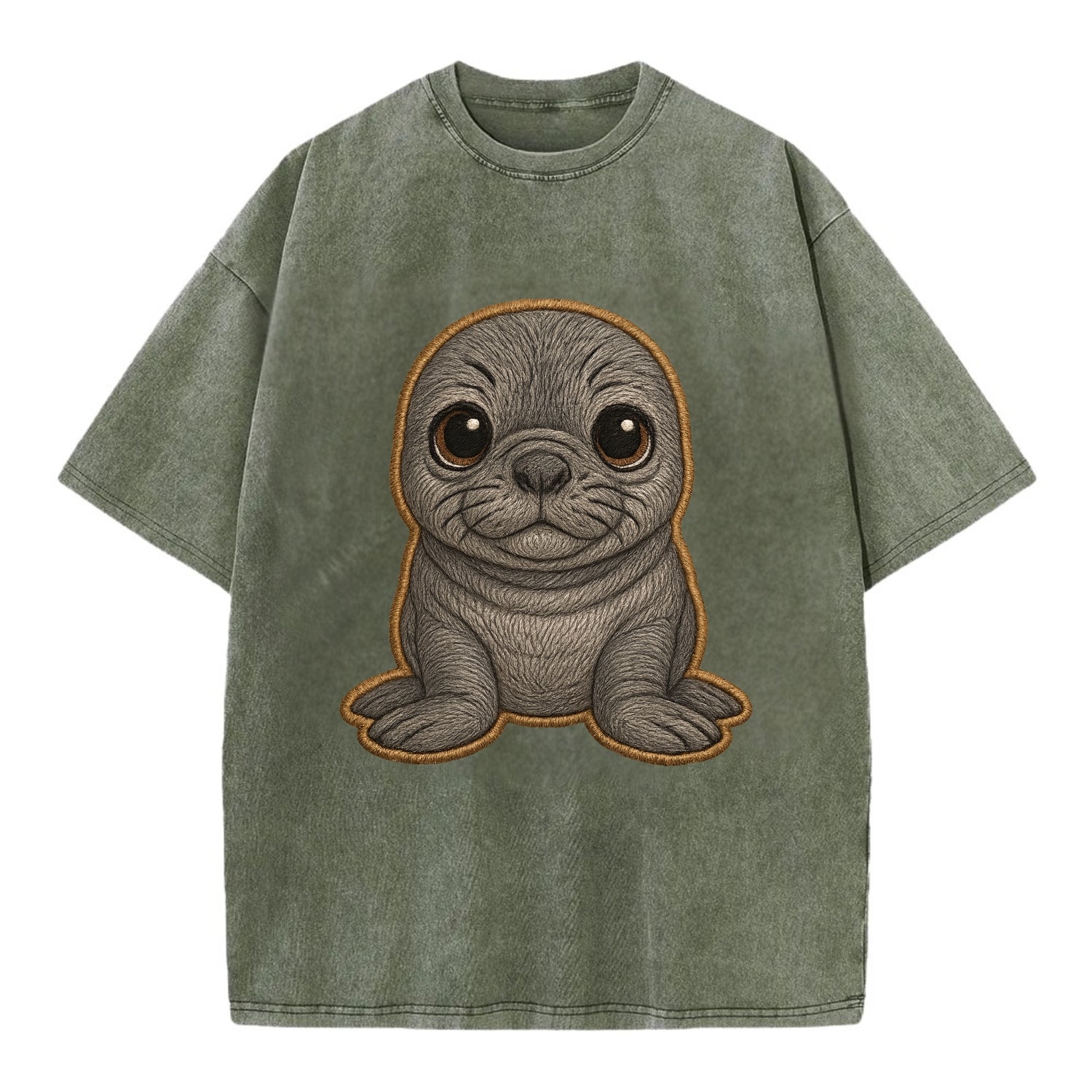 Baby Elephant Seal - gray wrinkly, tiny trunk nose, big dark eyes, front-facing, - Vintage T-shirt - Army Green