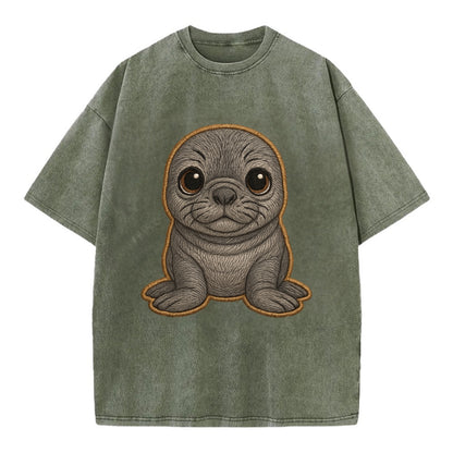 Baby Elephant Seal - gray wrinkly, tiny trunk nose, big dark eyes, front-facing, - Vintage T-shirt - Army Green