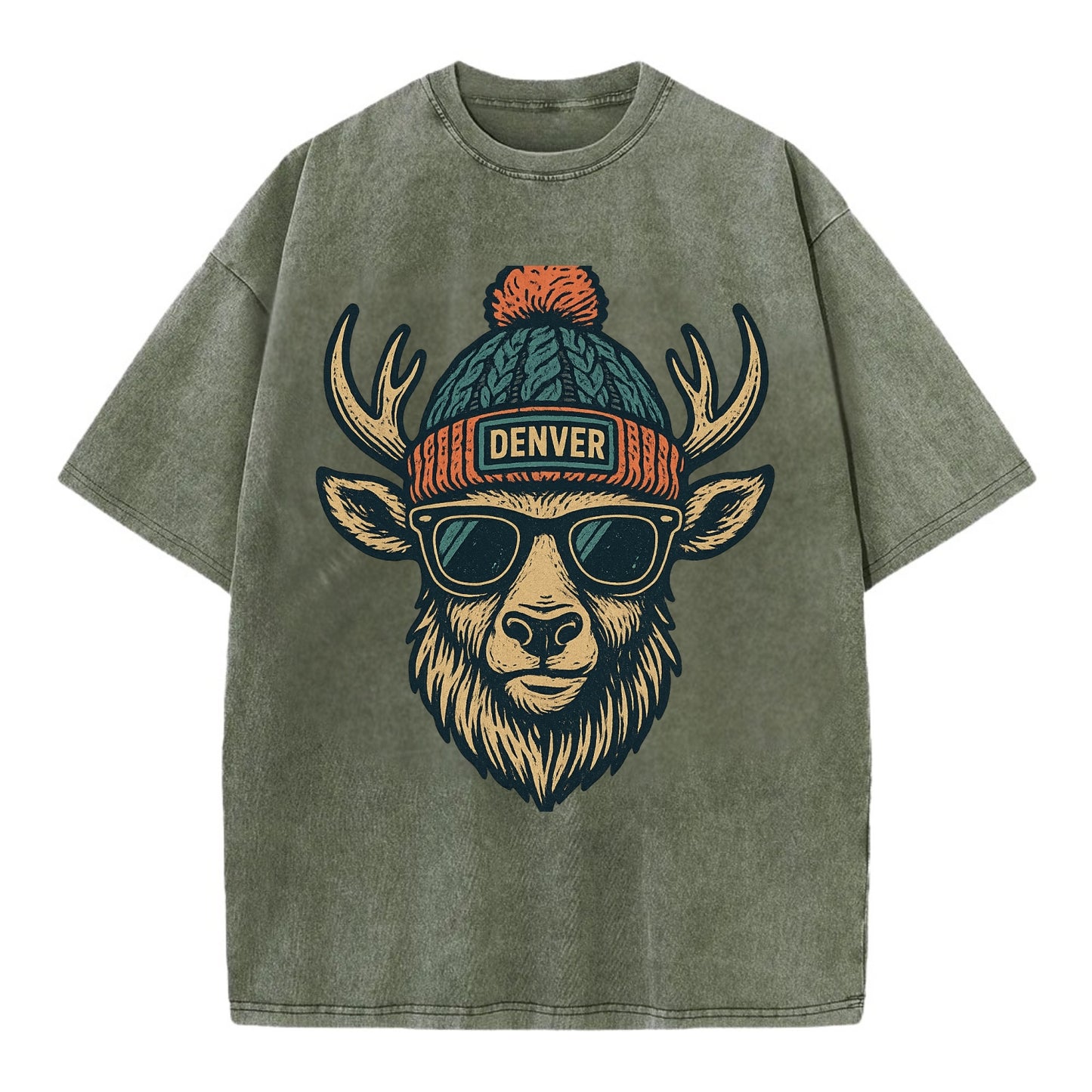 Denver Elk wearing Denver beanie with pom pom and wayfarer sunglasses - Vintage T-shirt - Army Green