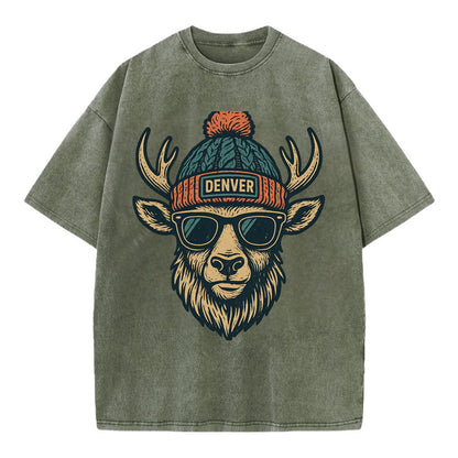 Denver Elk wearing Denver beanie with pom pom and wayfarer sunglasses - Vintage T-shirt - Army Green