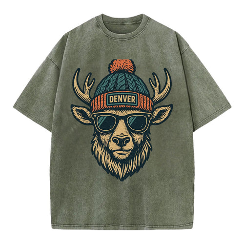 Denver Elk wearing Denver beanie with pom pom and wayfarer sunglasses - Vintage T-shirt