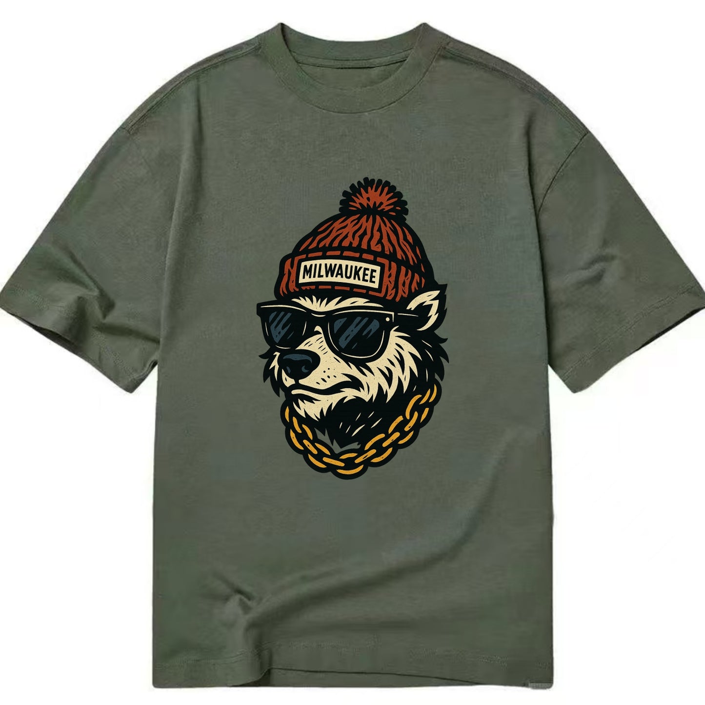 Milwaukee Badger wearing Milwaukee beanie with pom pom and wayfarer sunglasses - Classic T-shirt - Army Green