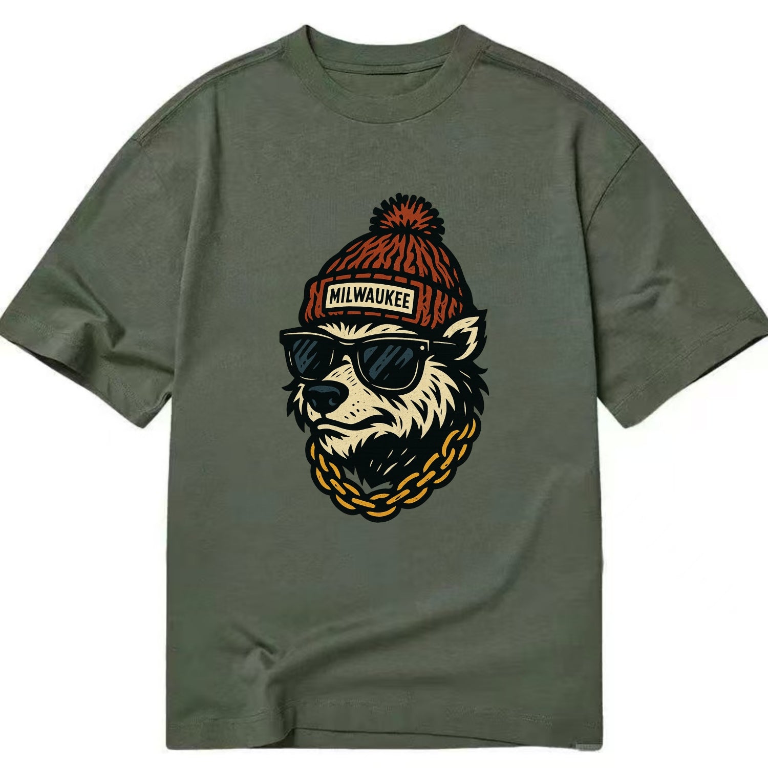Milwaukee Badger wearing Milwaukee beanie with pom pom and wayfarer sunglasses - Classic T-shirt - Army Green