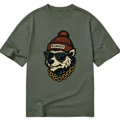 Milwaukee Badger wearing Milwaukee beanie with pom pom and wayfarer sunglasses - Classic T-shirt - Army Green