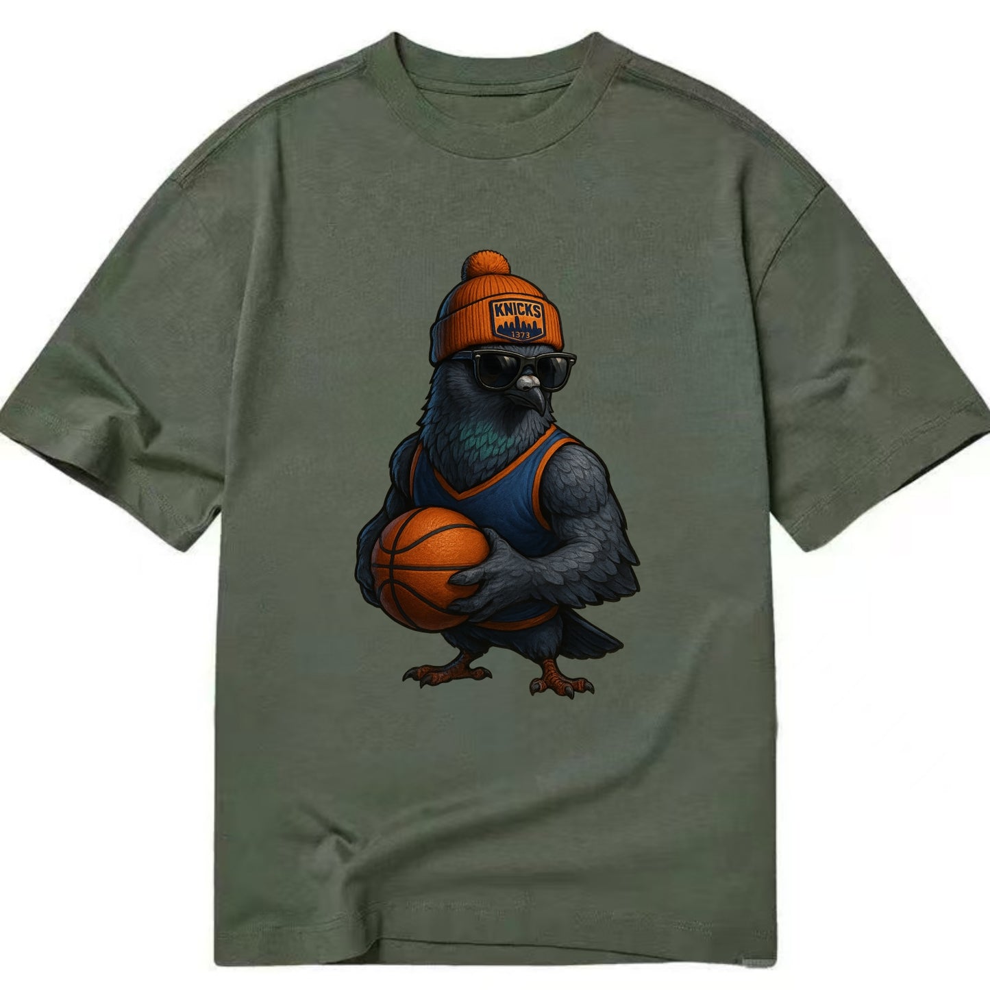 Manhattan Pigeon wearing Knicks beanie with skyline patch and wayfarer sunglasses - Classic T-shirt - Army Green