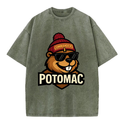 Potomac Beaver wearing Commanders beanie with monument patch and wayfarer - Vintage T-shirt - Army Green