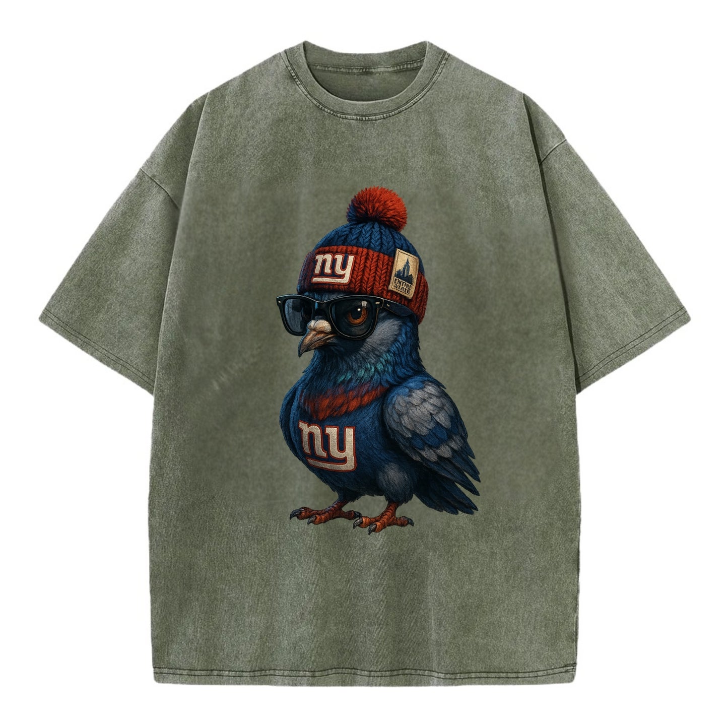 Manhattan Pigeon wearing Giants beanie with Empire State patch and wayfarer - Vintage T-shirt - Army Green