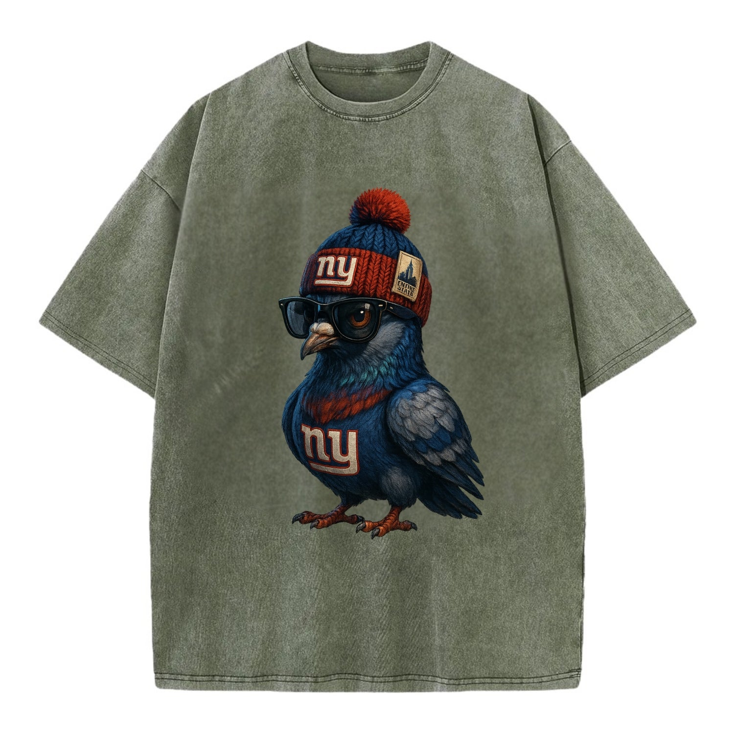 Manhattan Pigeon wearing Giants beanie with Empire State patch and wayfarer - Vintage T-shirt - Army Green