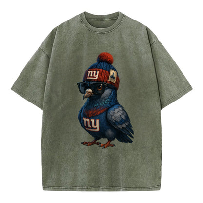 Manhattan Pigeon wearing Giants beanie with Empire State patch and wayfarer - Vintage T-shirt - Army Green